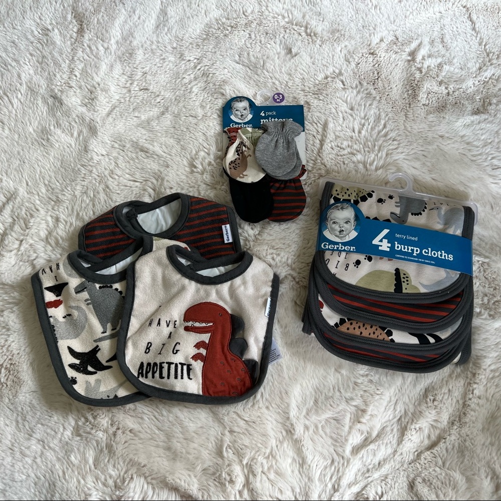 New Mittens and burp cloths and bibs dinosaur Gerber